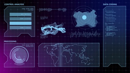 HUD digital computer screen monitor display dashboard background. Smart technology IOT of sci-fi future with world map 3D rendering simulation