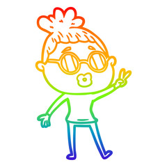 rainbow gradient line drawing cartoon woman making peace sign
