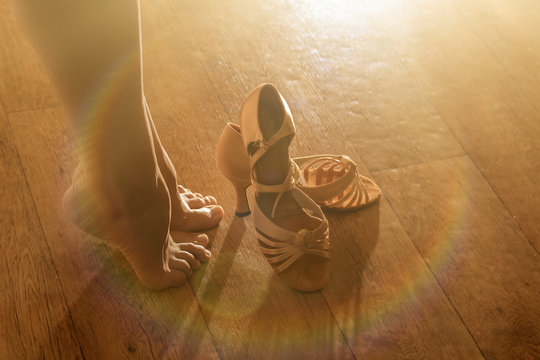 Female Legs And Shoes For Ballroom Dancing Close-ups. Preparations For The Performance, For The Dance Concept