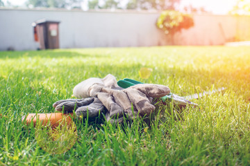 working in garden, garden tools laying on green grass