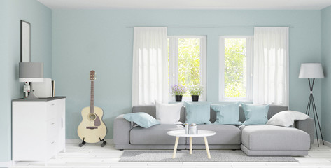 3d rendering modern big living room with wooden floor ,pastel green wall