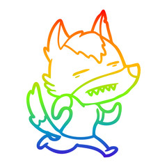rainbow gradient line drawing cartoon wolf showing teeth