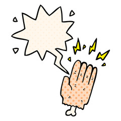 cartoon magic halloween zombie hand and speech bubble in comic book style