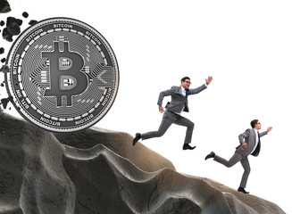 Bitcoin chasing businessman in cryptocurrency blockchain concept