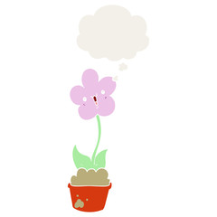 cute cartoon flower and thought bubble in retro style