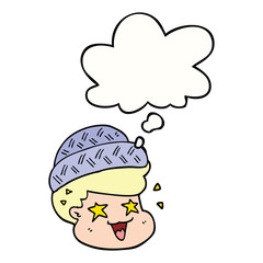 cartoon boy wearing hat and thought bubble