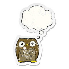 cartoon owl and thought bubble as a distressed worn sticker