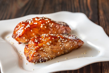 Teriyaki salmon on the white plate