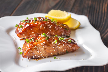 Teriyaki salmon on the white plate