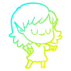 cold gradient line drawing happy cartoon elf girl wearing dress