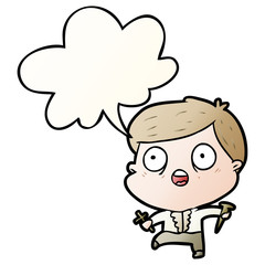 cartoon frightened man hunting halloween vampires and speech bubble in smooth gradient style