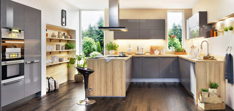 Modern kitchen with island and window