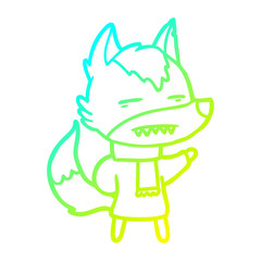 cold gradient line drawing cartoon wolf in winter clothes