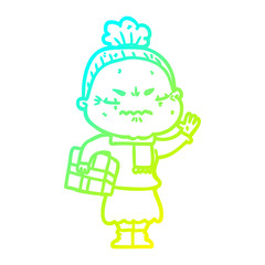 cold gradient line drawing cartoon annoyed old lady