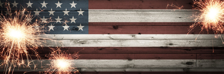Old Vintage Wooden American Flag Background With Sparklers - Independence Day Concept