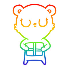 rainbow gradient line drawing peaceful cartoon bear with present