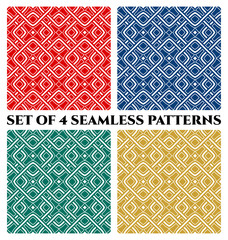 Geometric seamless patterns with decorative ornament of red, blue, green, and yellow shades