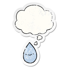 cartoon raindrop and thought bubble as a distressed worn sticker