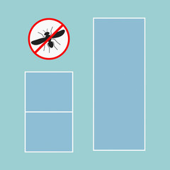 Mosquito net with frame for pvc windows icon and symbol. Anti pest insect netting defence. Simple and anti mosquito sign isolated on blue background. Vector illustration in flat cartoon style.