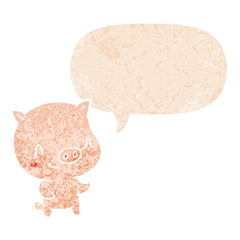 cartoon pig and speech bubble in retro textured style