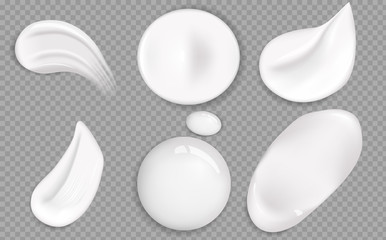 Set of cosmetic white cream texture. Cosmetic cream smears realistic icon set. Smears of thick white cosmetic cream.