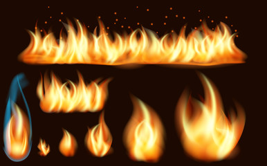 Fire flame realistic set of burning bonfires isolated on dark background. Set of realistic fire flames of various size with sparks.