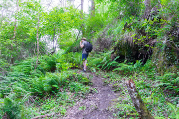 Young man eats fruit in the forest while resting from hiking