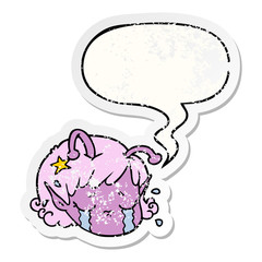 cartoon alien space girl face crying and speech bubble distressed sticker