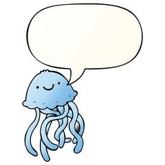 cartoon happy jellyfish and speech bubble in smooth gradient style