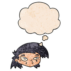 cartoon scratched up face and thought bubble in grunge texture pattern style