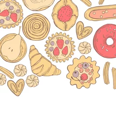 Fototapeten Bakery products background. Cookies, cakes, donuts. Vector sketch  illustration. © rraya