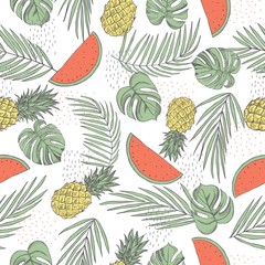 Vector summer seamless pattern with  tropical plants, pineapples and watermelon. Sketch  illustration.