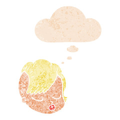 cartoon female face and thought bubble in retro textured style