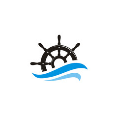 Ship Steering Wheel and Ocean Sea Wave for Boat logo design