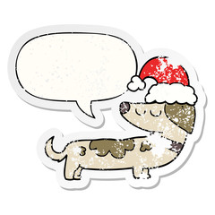 cartoon dog wearing christmas hat and speech bubble distressed sticker