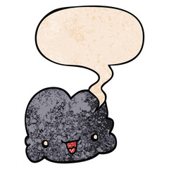 cartoon tiny happy cloud and speech bubble in retro texture style