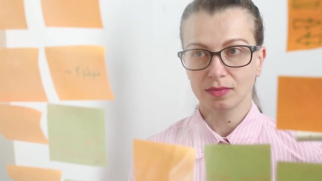 Business people use sticky notes post, writing down ideas. Teamwork.