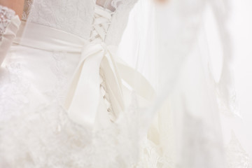 Fototapeta na wymiar Bride from the back in a wedding dress.