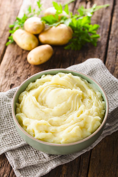 Fresh homemade creamy mashed potato in bowl (Selective Focus, Focus in the middle of the potato puree)
