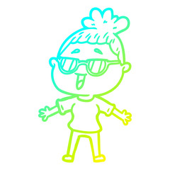 cold gradient line drawing cartoon happy woman wearing spectacles