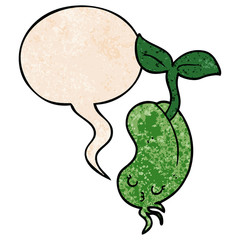 cartoon sprouting bean and speech bubble in retro texture style
