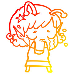 warm gradient line drawing cartoon crying alien girl