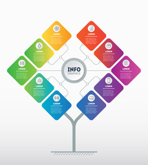 Business presentation with 10 options. Template of tree or diagram. Infographic of technology or education process with ten steps. Brochure design template.