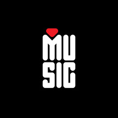I love music - original t-shirt print. Minimalist poster with the stylized red heart.
