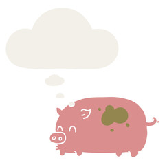 cute cartoon pig and thought bubble in retro style