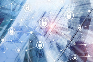 Cyber security, information privacy, data protection concept on modern server room background. Internet and digital technology concept