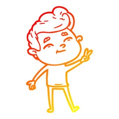 warm gradient line drawing happy cartoon man giving a peace sign