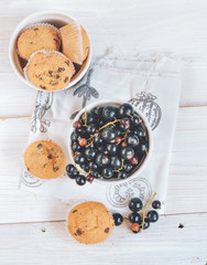 Black currant with small muffins on the white background