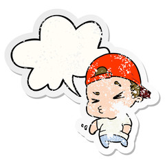 cartoon cool kid and speech bubble distressed sticker