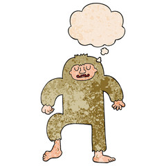 cartoon bigfoot and thought bubble in grunge texture pattern style